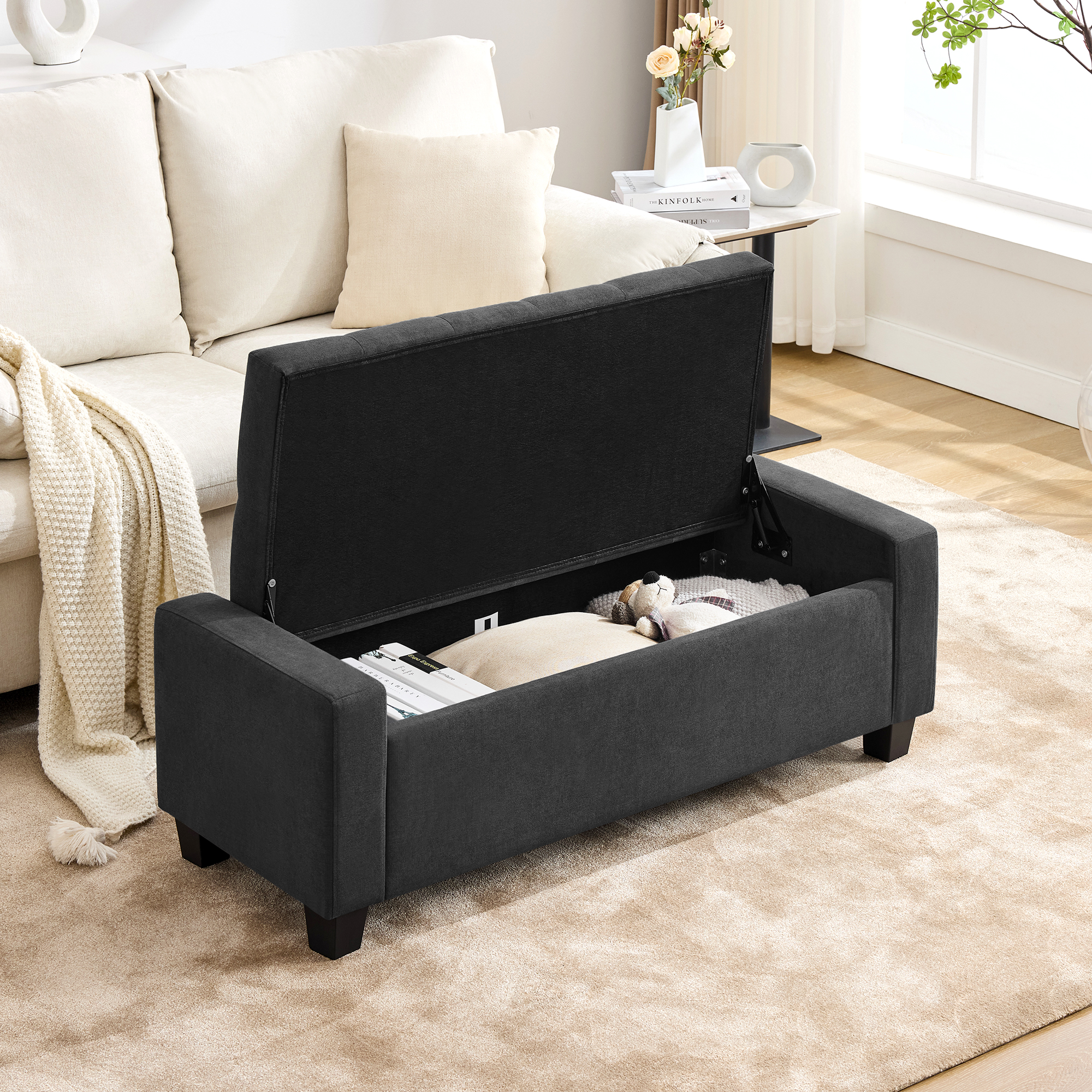 Huatean Home 48" Ottoman Storage Bench Upholstered with Safety Hinge, Dark Gray
