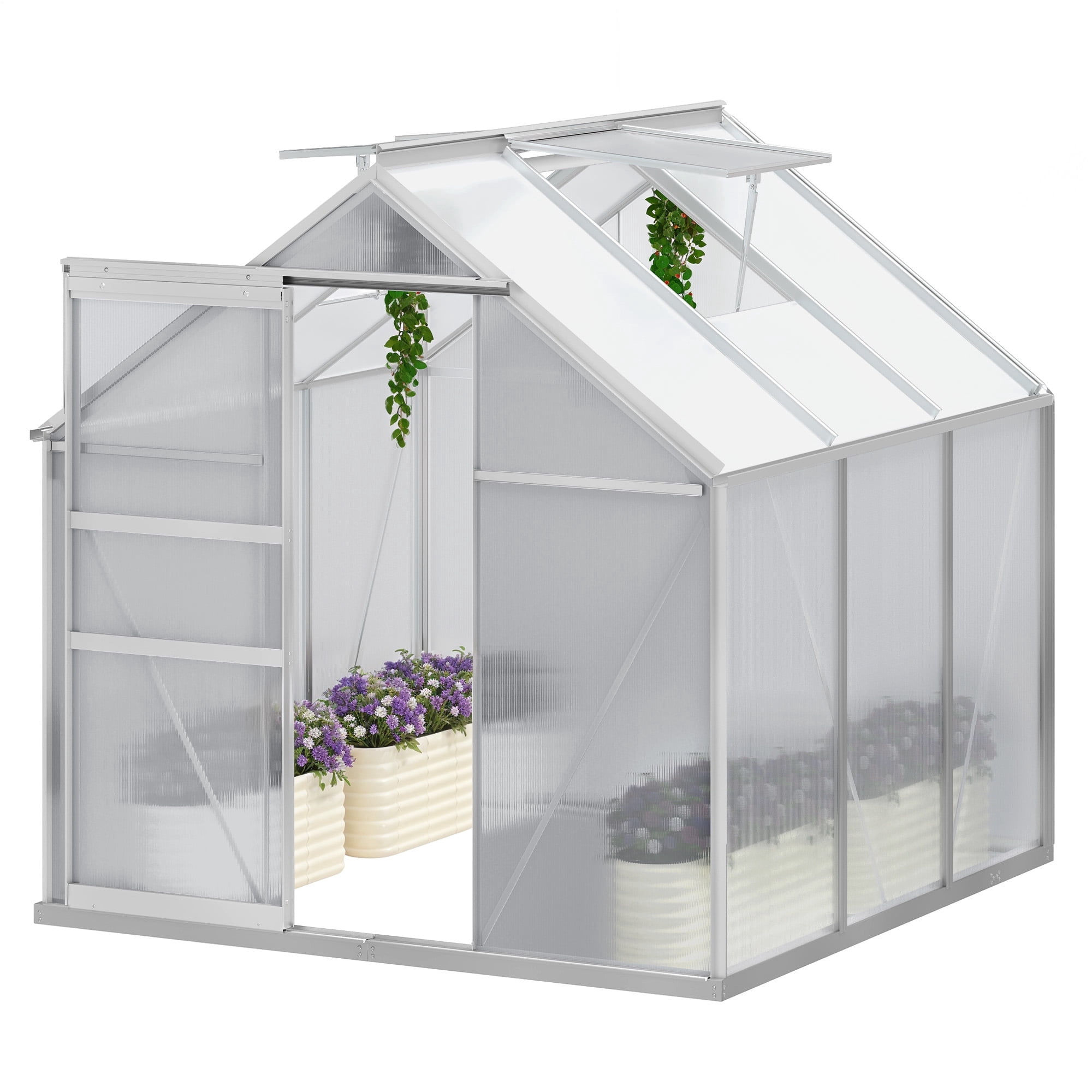Uforic 6x6FT Polycarbonate Greenhouse Heavy Duty Green Houses Outdoor Aluminum Greenhouses with Sliding Doors Vent Window Premium Walk-in Greenhouse Large Sun House for Garden Backyard, Matte Sliver