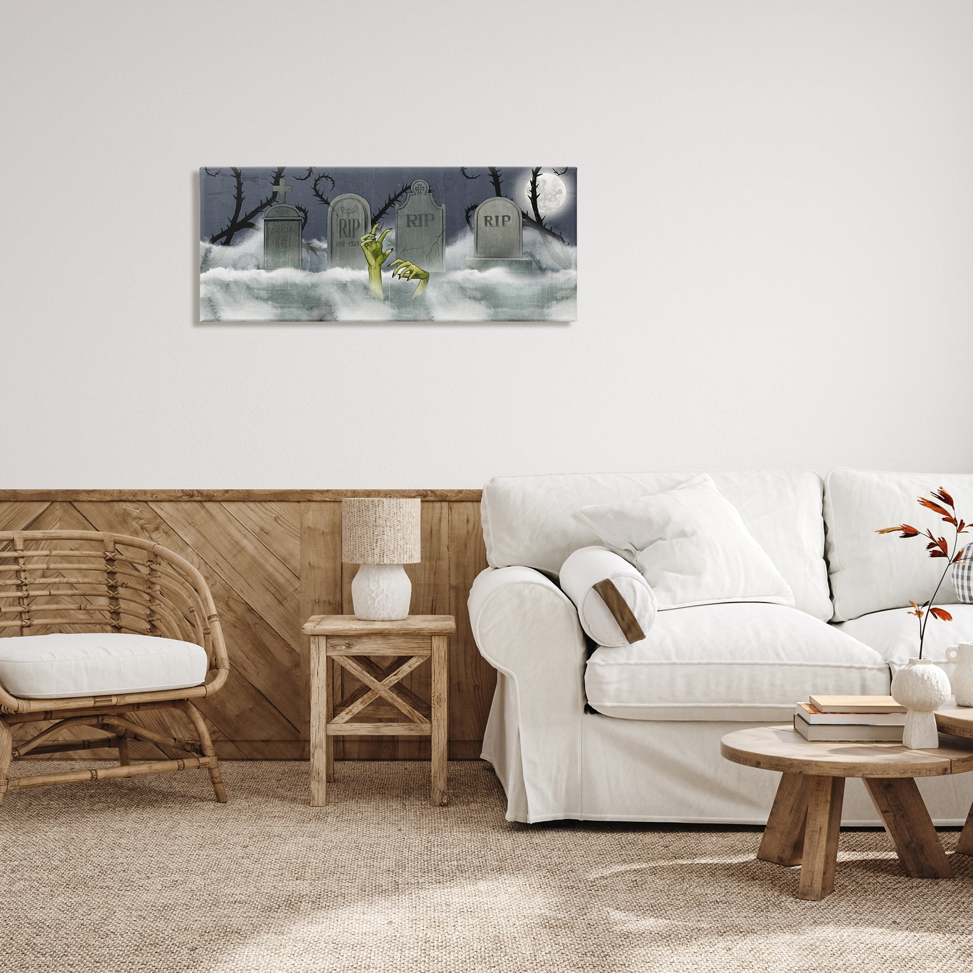 Zombie Emerging Graveyard Foggy Full Moon Night Fairy Tales & Fantasy Painting Gallery-Wrapped Canvas Print Wall Art