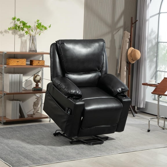 Demi Bonn 40" Power Lift Chair for Elderly, Faux Leather Recliner Sofa with Vibration Massage and Heat, Remote, Side Pockets, Black