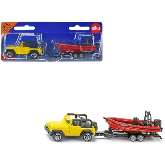 Jeep Yellow with Trailer and Boat Diecast Model by Siku