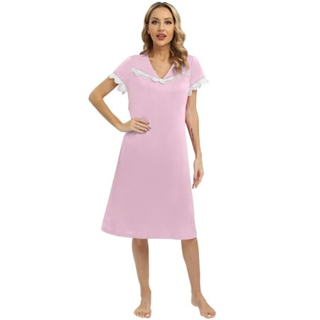 Women Sleepwear Dress V-Neck Short Sleeve Nightgown Lace Sleep Lingerie Night Dress