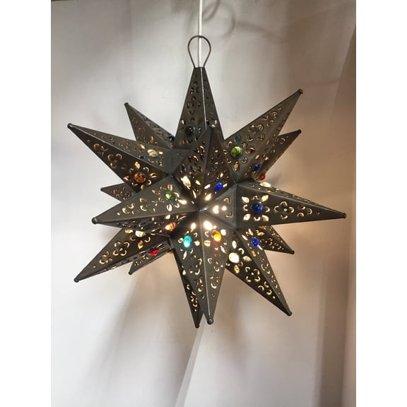 Moravian Star Pierced Metal Glass Pendant Light Lamp Hanging w/marbels 16 ''