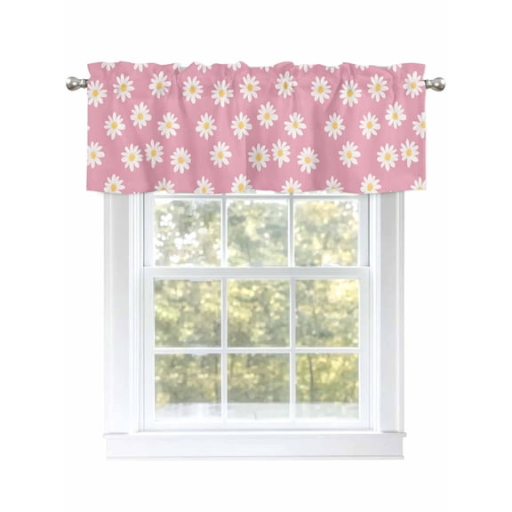 White Pink Daisy Curtain Valances for Windows, Spring Summer Floral Farmhouse Kitchen Valance Window Treatment, Light Filtering Block Curtains for Bathroom/Bedroom/Living Room 54'' x 18''