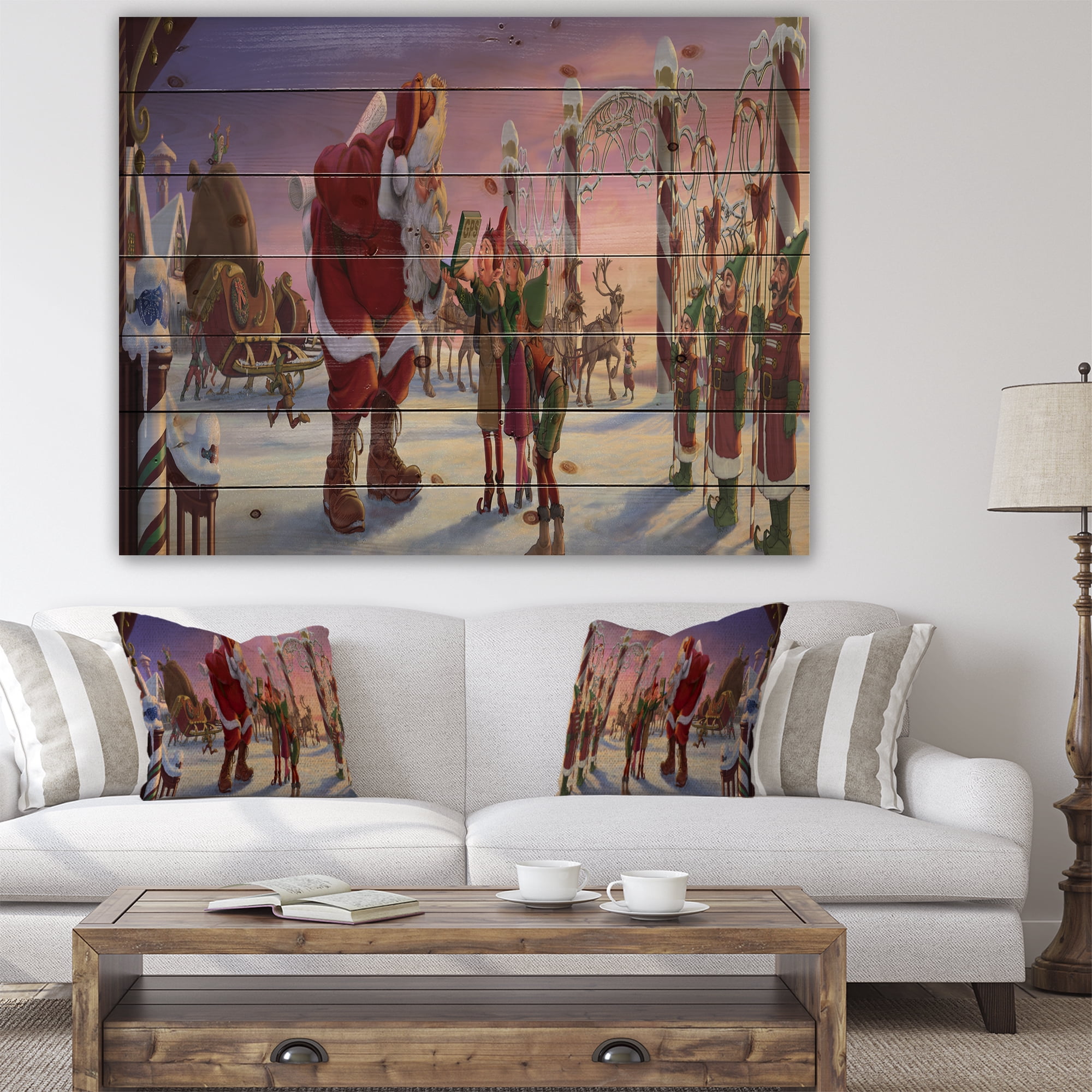 Designart 'Stanta Claus with Elves on North Pole' Print on Natural Pine Wood