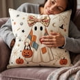 thumbnail image 1 of Halloween Vintage Patchwork Ghost Halloween Throw Pillow, Cute Ghost with Floral Bow Spider Web Decorative Cushion, Farmhouse Style Filled Pillow, 18*18inch, 1 of 2