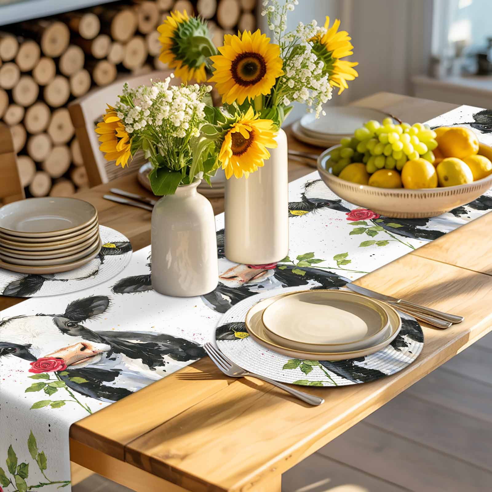 Black White Cow Round 13 Inch Placemats Set of 8, Spring Farmhouse Animals Printed Red Floral HeatResistant Non Slip Place Mats for Dining Table, Wipeable Braided Kitchen Table Mats for Housewarming