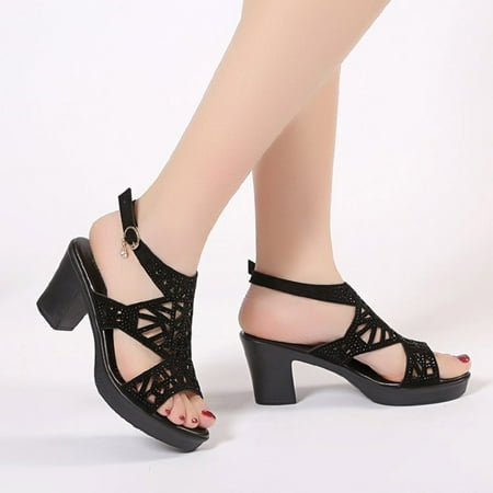 

Jsaierl Womens Chunky Heel Sandals Casual Summer Pump Toe Sandals Comfy Hollow Out Rhinestones Sandals Boho Wedding Sandal Size 6.5