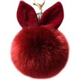 thumbnail image 1 of Lindo llavero de bola de piel con pompón, llavero con orejas de conejo, decoración con dije para bolso (rojo vino) (1 unidad), 1 of 5