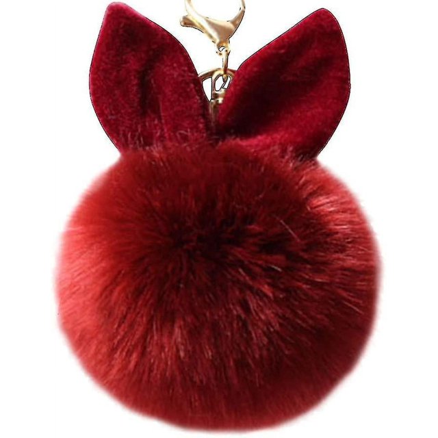 Lindo llavero de bola de piel con pompón, llavero con orejas de conejo, decoración con dije para bolso (rojo vino) (1 unidad)