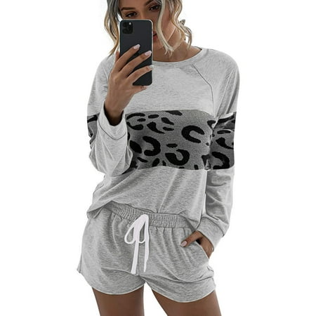 

Abollria Summer Women Pajama Set Loungewear Joggers Two piece Lounge Set Leopard Printed Short Sleeve Sweatsuit and Pjs Shorts Tracksuit Outfits Sleepwear Homewear