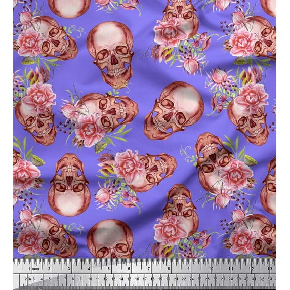 Soimoi Viscose Chiffon Fabric Skull & Begonia Floral Print Fabric by The Yard 42 Inch Wide