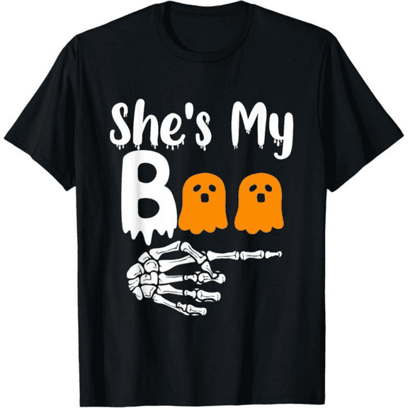 She’s My Boo Halloween Couple T-shirt with Skeleton Hand