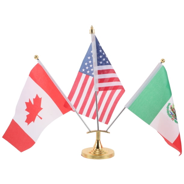 1 juego de banderas de escritorio de Estados Unidos, Canadá y México, bandera nacional con asta para centro de mesa de oficina, eventos deportivos campestres.