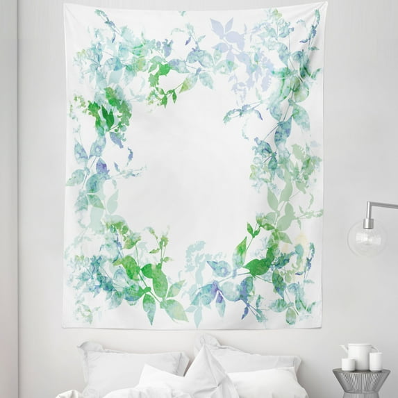 Mint Tapestry, Floral Spring Wreath in Watercolor Paintbrush Effects Image, Fabric Wall Hanging Decor for Bedroom Living Room Dorm, 5 Sizes, Seafoam Violet, by Ambesonne