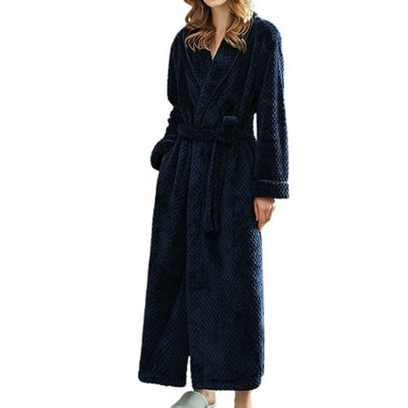 

Homegro Women s Long Robe Fuzzy Plush Spa Bath Robes Fleece Winter Warm Full Length Pockets Belted Navy Medium