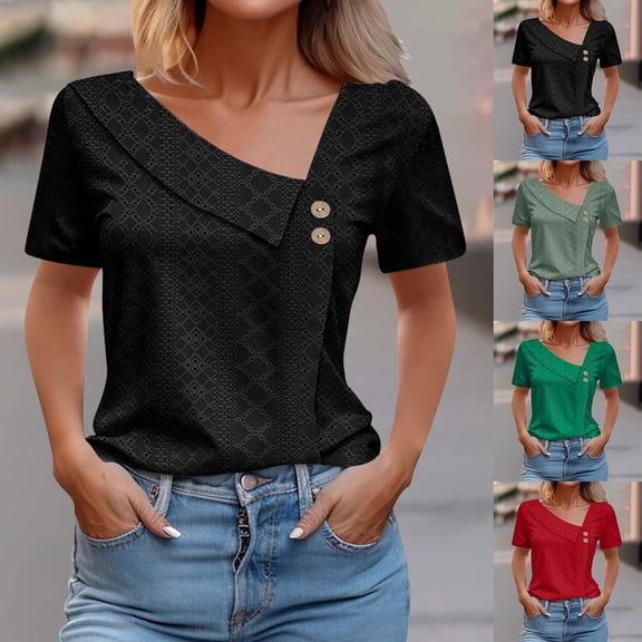 Eiyaclvo Eyelet Shirts for Women Asymmetrical Neck Button Short Sleeve Blouses Loose Fit Solid T Shirt Business Dressy Casual Top