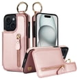 thumbnail image 6 of JTCASES for iPhone 13 Mini Case, PU Leather Lychee Pattern Zipper Purse Finger Ring Buckle Card Slots Stand Shell for iPhone 13 Mini Wear-resistant Shockproof Wallet Cover, Rosegold, 6 of 8