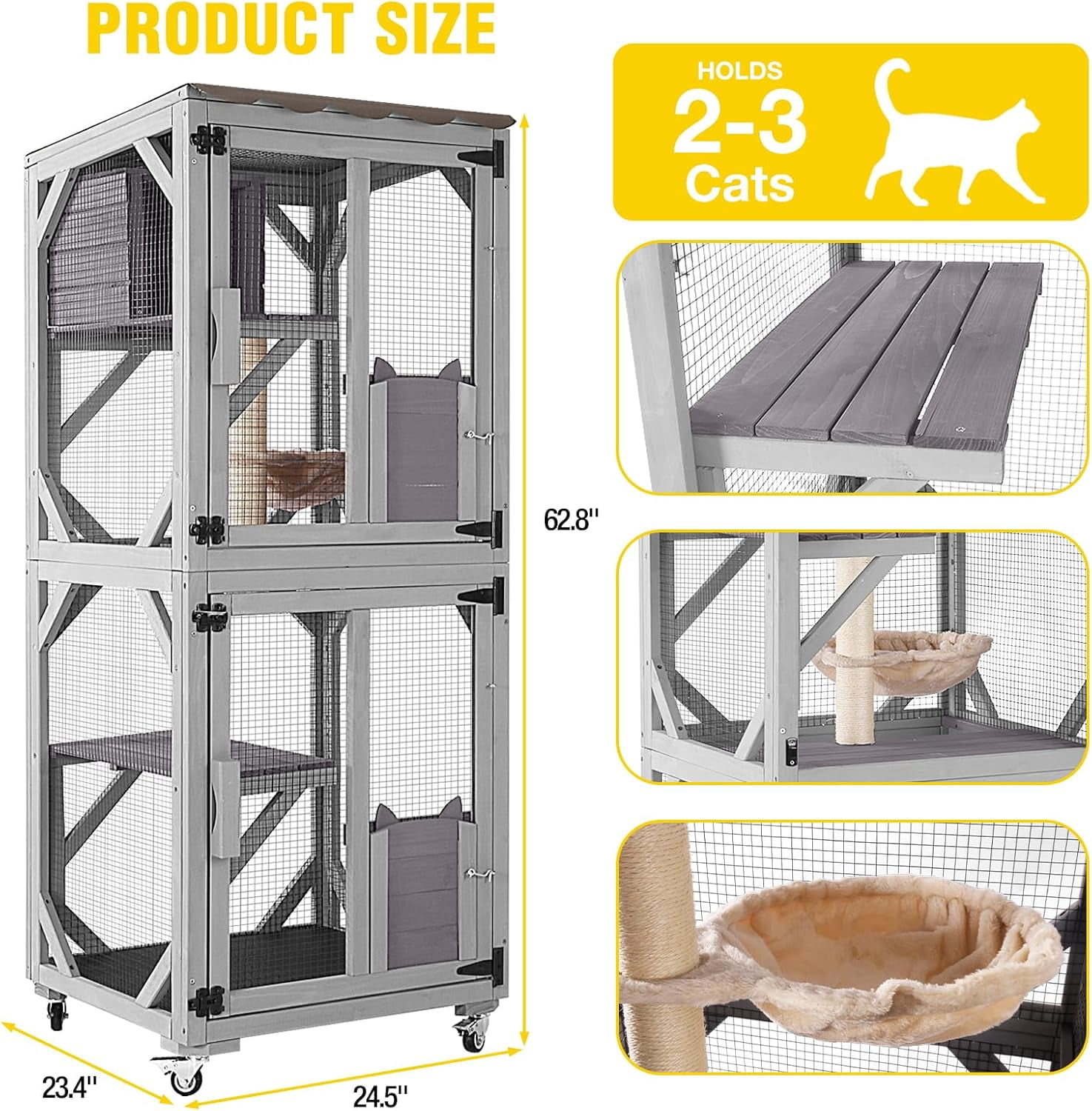 Aivituvin Catio Outdoor Cat Enclosure with Wheels, Outdoor Cat House with Weatherproof Roof, 3 Platforms, Large Window Catio Portable Cat Cage Indoor for 2-3 Cats, 23.4" D x 24.5" W x 62.8" H - Grey