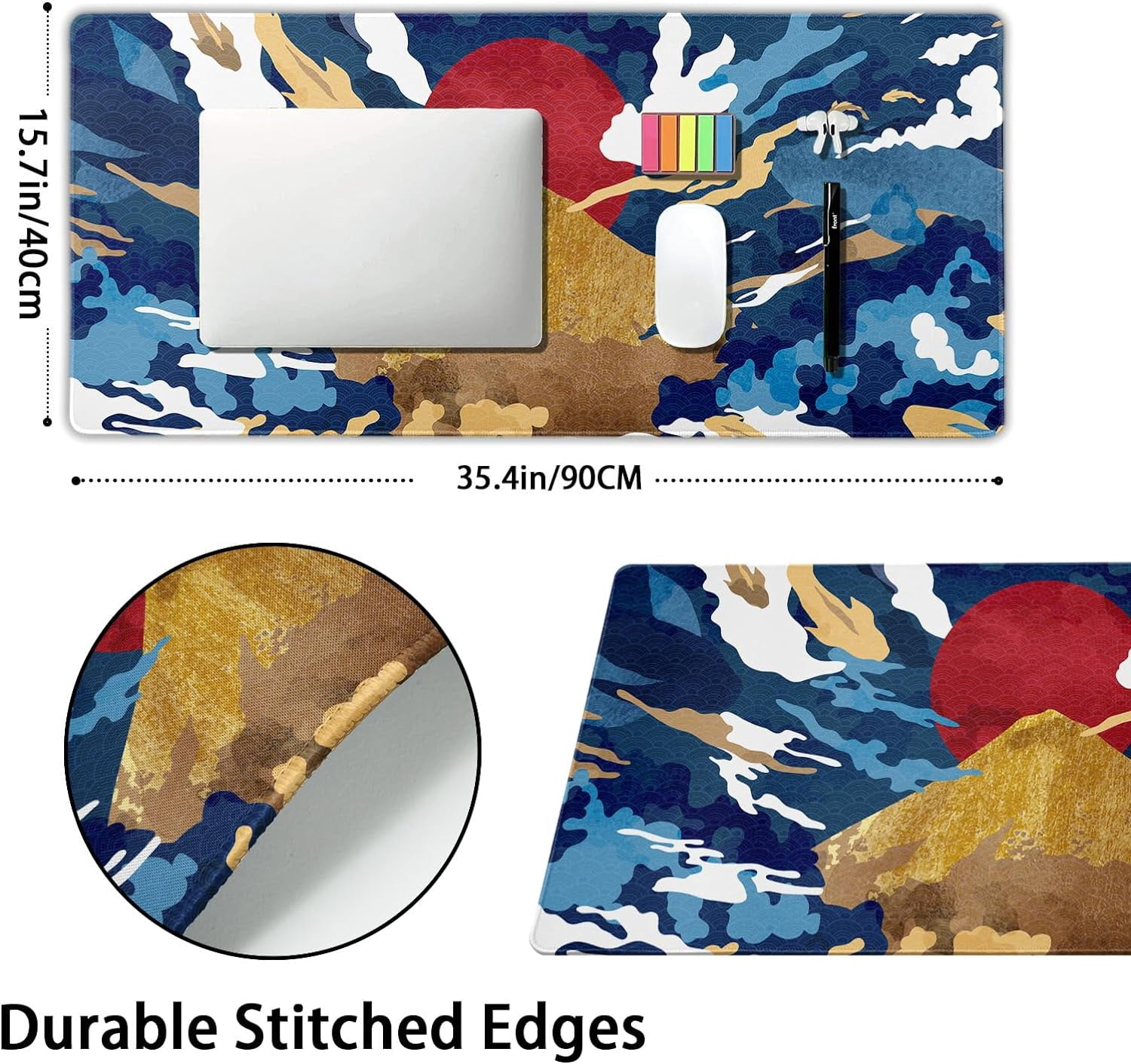 Blue White Japanese Anime Gaming Mouse Pad XXL Aesthetic Gold Mountian Red Sun Extended Big Large Desk Mat Non-Slip Rubber Base Stitched Edge Long Keyboard Mousepad for PC Computer,35.4×15.7 Inches