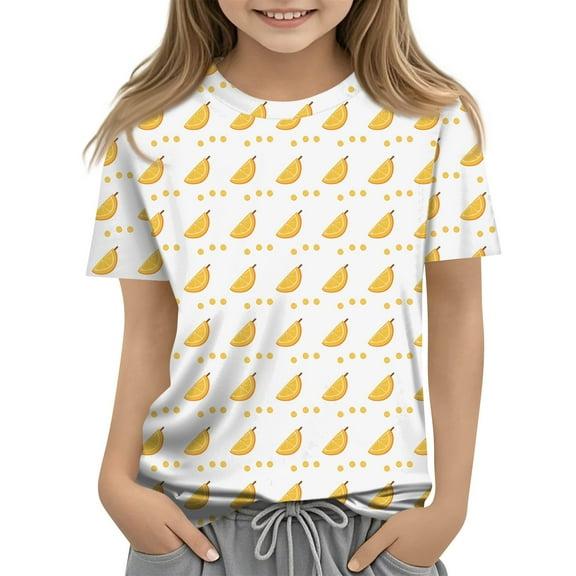 Abcomgle Girls Shirts Summer Short Sleeve Tshirts Toddler Orange Graphic Tshirt Trendy Crewneck Cotton Cartoon Toddler Tops Girls 1-2 Years,Yellow