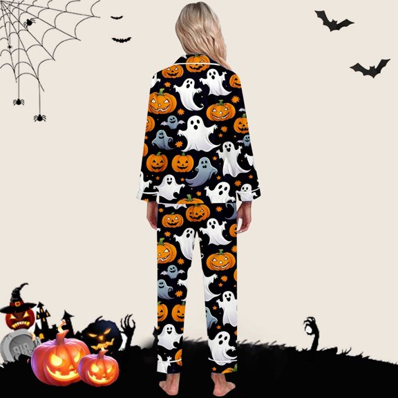 Halloween Pajamas Women Ladies Halloween Sleepwear Long Sleeve Button Top with Pants Cozy Breathable Loungewear Pajama Sets for Women Black XXL