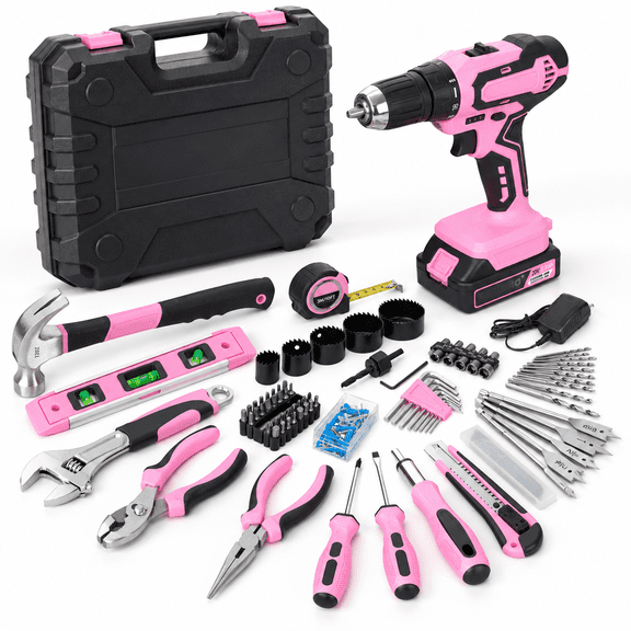 20V Pink Cordless Drill and Home Basic Hand Tool Set with Storage Case