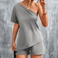 thumbnail image 5 of Womens Summer 2 Piece Outfits Solid Color One Shoulder Short Sleeve Tops with Shorts Sets Loungewear Homewear, 5 of 7