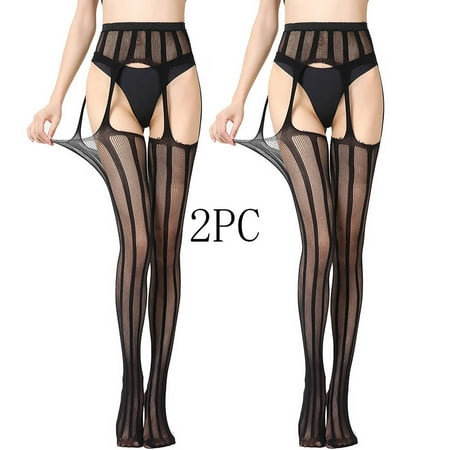 YUTK Pantyhose for Women - 2Pc Women Sexy Lace Leggings Pants Fishnet Netting Stockings Net Sexy Lingerie Transparent Hollow Out Hanging Stockings - Black Free Size
