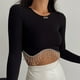thumbnail image 2 of Tops recortados con borlas de diamantes de imitación para mujer, camisetas sexys ajustadas de cuello redondo sólido para mujer, camiseta elegante de manga larga, 2 of 4