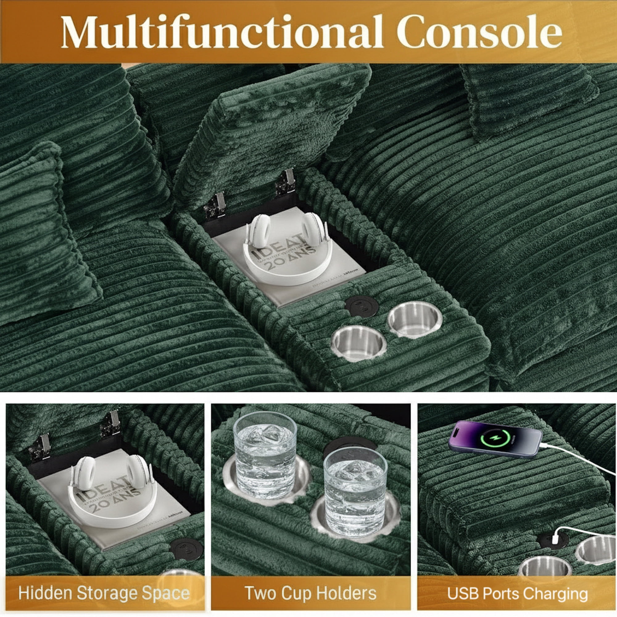 Vinform 145" U Shaped Cloud Couch Sectional with USB Charging, Hidden Storage, Cup Holders & Double Chaise, Green