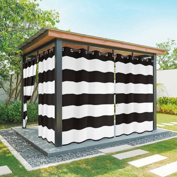 Simple Stripe Outdoor Curtains for Patio Waterproof, Black and White Grommet Curtains for Porch Outside Privacy Drape for Gazebo Garden Pergola, 1 Panel, 54x84in