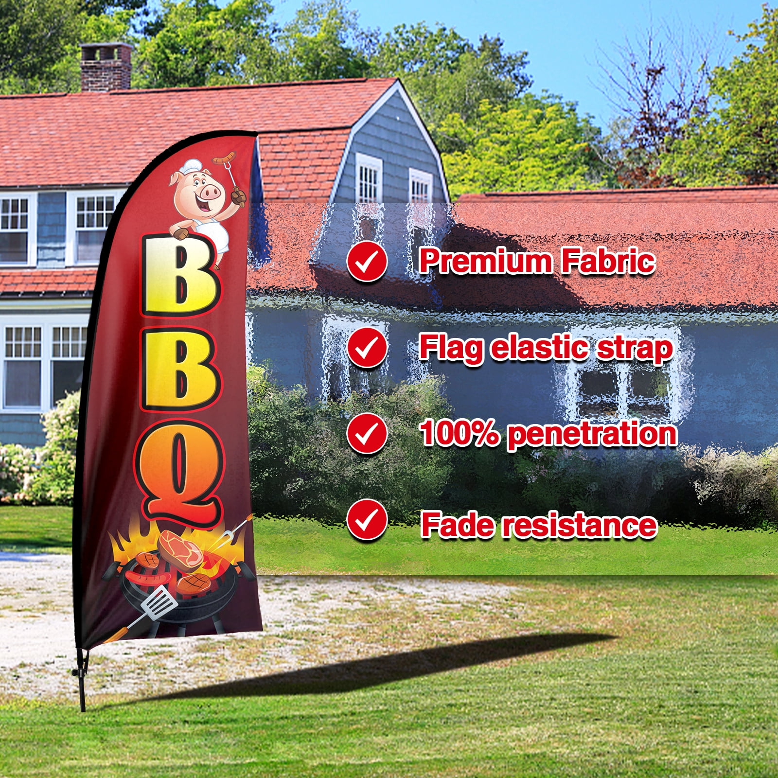 QSUM BBQ Sign Feather Flag with Pole Kit,7FT BBQ Decoration Display, BBQ Business Sign,BBQ Swooper Flag，Advertising Flag