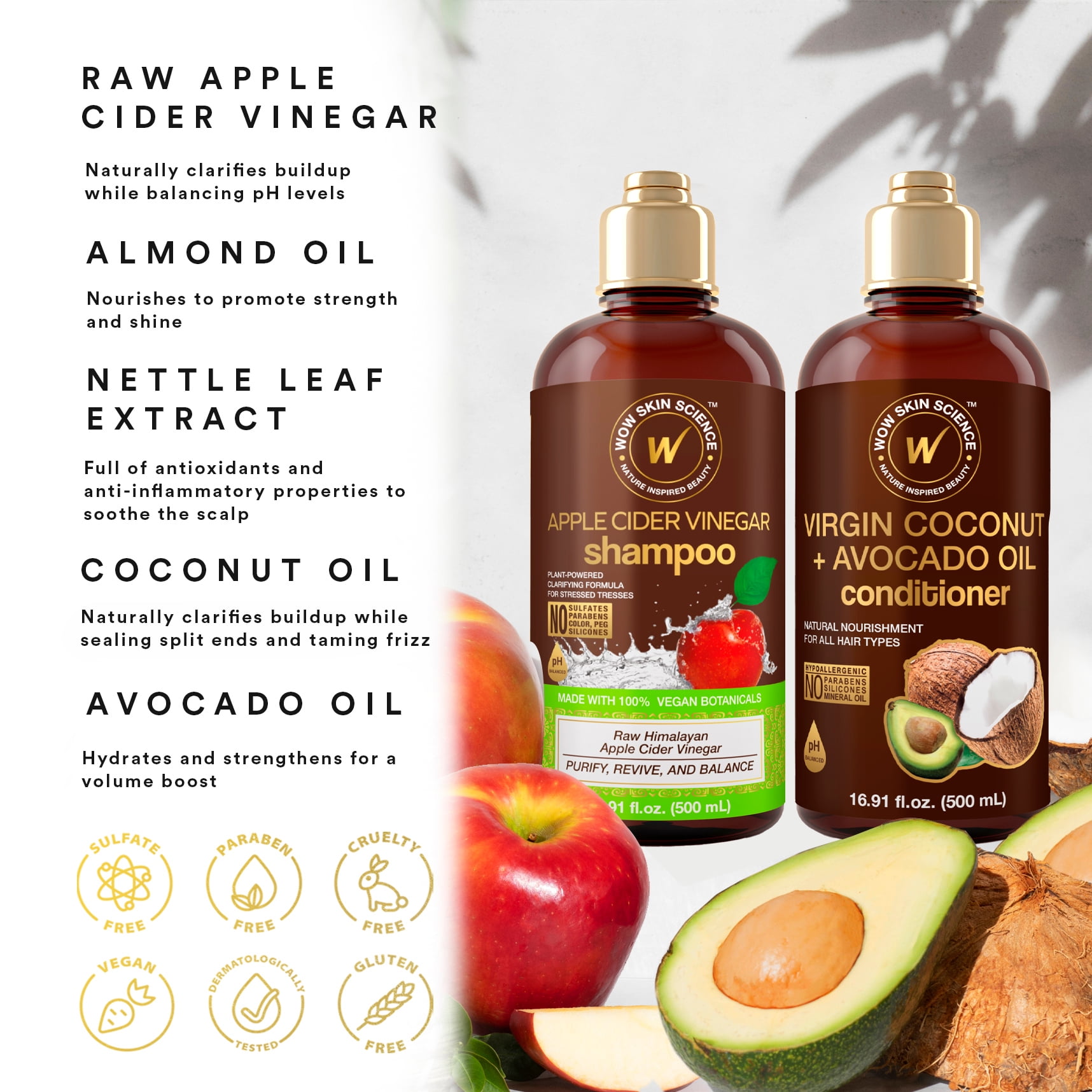 WOW Skin Science Apple Cider Vinegar Shampoo & Coconut + Avocado Oil Conditioner Duo 16.9 oz