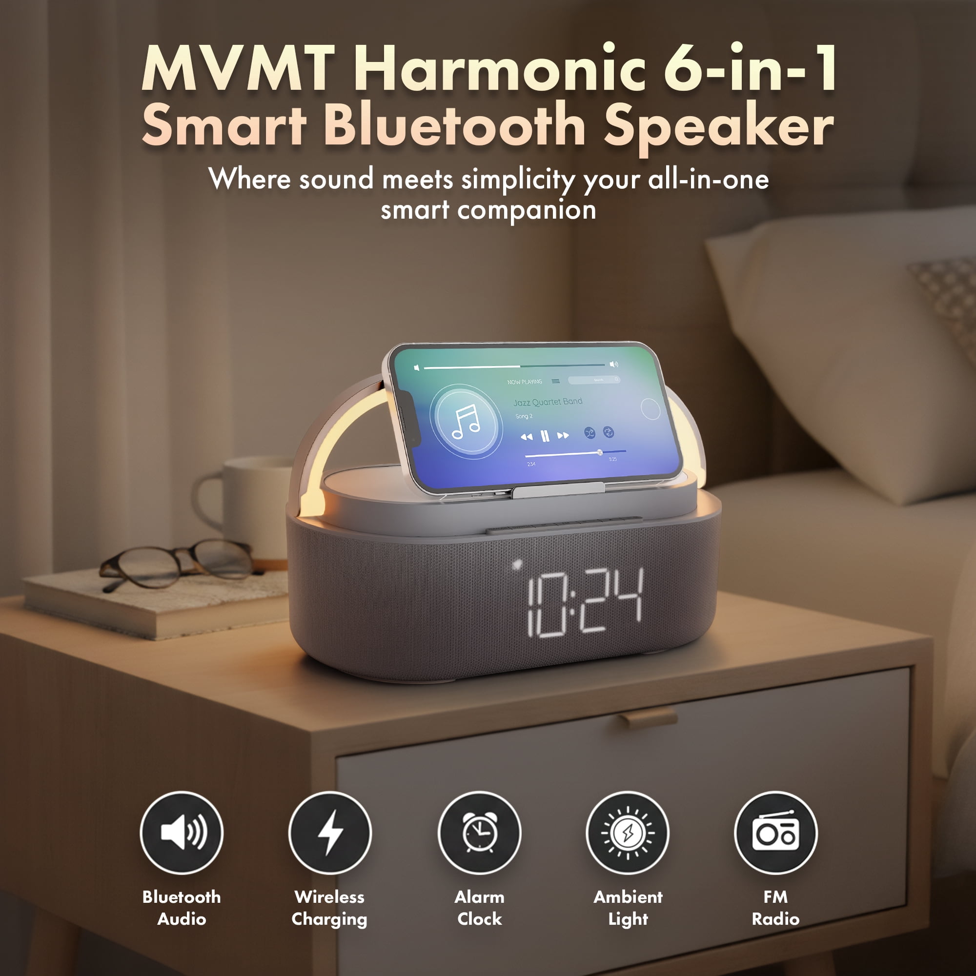 MVMT Harmonic 6-in-1 Portable Bluetooth Speaker with 15W Wireless Charging, Ambient Light, Alarm Clock, FM Radio & Phone Holder