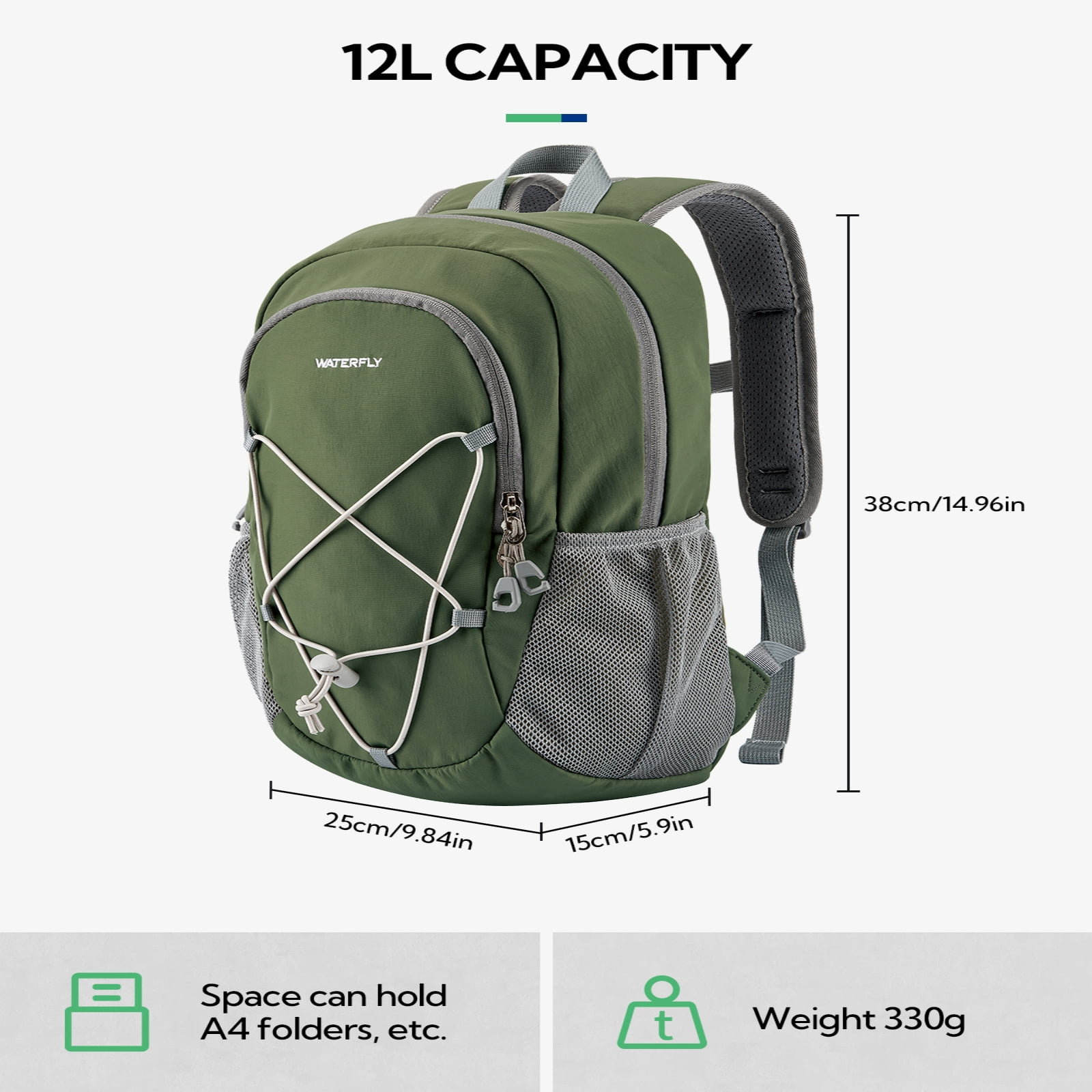 WATERFLY Unisex 12L Small Drawstring Lightweight Travel Hiking Backpack Daypack,Olive Green
