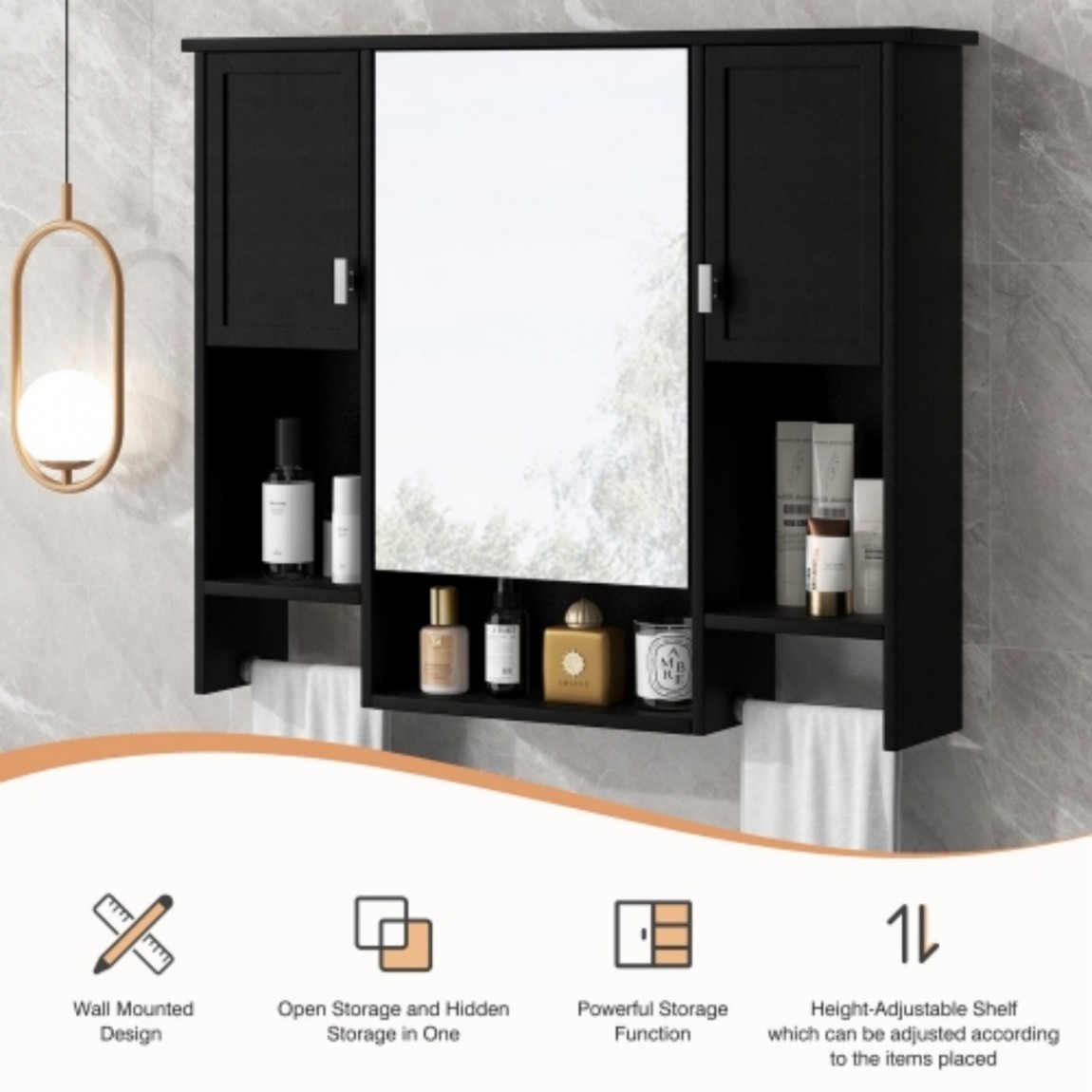 35"x 28" Wall Mounted Bathroom Medicine Cabinet with Mirror, Bathroom Storage Cabinet with Towel Bar, Adjustable Shelves, 3-Door MDF Wall Cabinet, Black