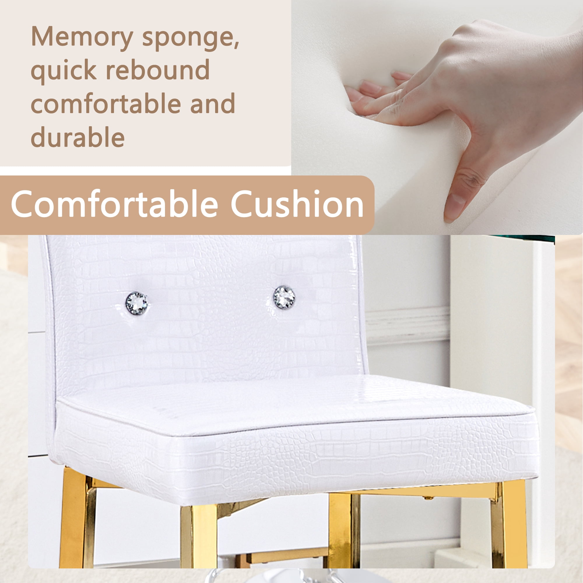 Alvantor Bar Stools Set of 2 Vintage Leather Bar Stools with Crystal Clasp Counter Stool Chairs for Kitchen Island White