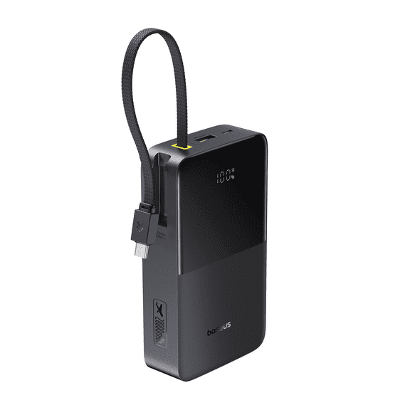 Baseus 20000mAh Power Bank with Built-in Cables, 22.5W Fast Charging Travel Essentials Battery Pack with Digital Display, Black