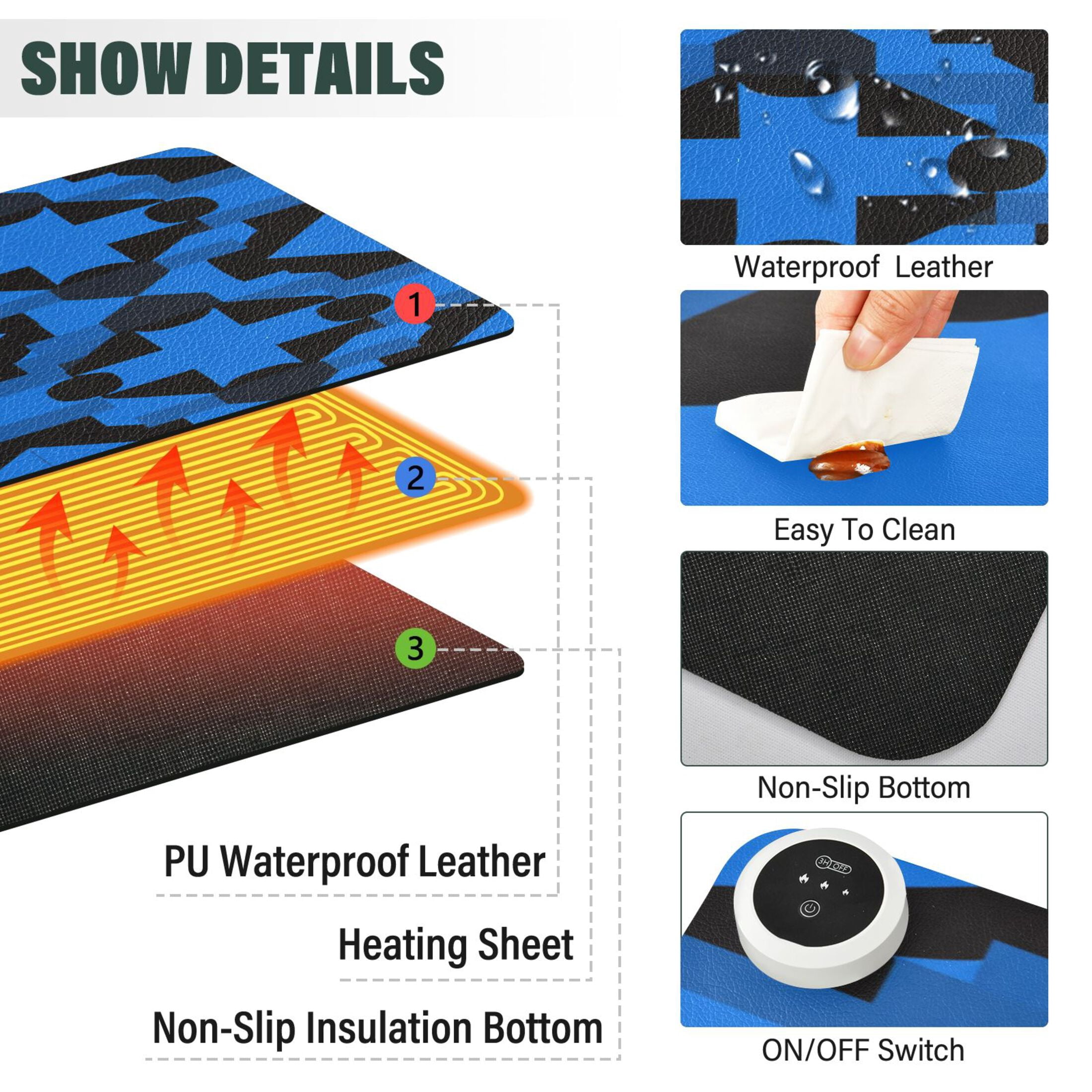 Large Heated Desk Mat Mouse Pad 31.5"x13"PU Leather Graphene Heating Desk Warmer with 3 Temperature Settings 110V US Plug Non-Slip Warm Pad for Home, Office, and Gaming Dark Blue Black Plaid
