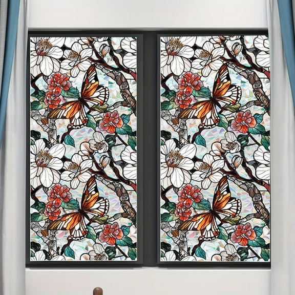 Colorful Floral Window Film - Decorative Rainbow Static Cling Removable Decal for Glass | Stylish Privacy Overlay with Botanical Designs