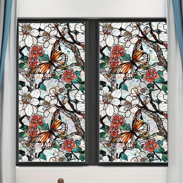 Rainbow Floral Window Film for Glass Doors Indoor Privacy Cling Set – 100x43cm Decorated Decal with Multiple Botanical Designs