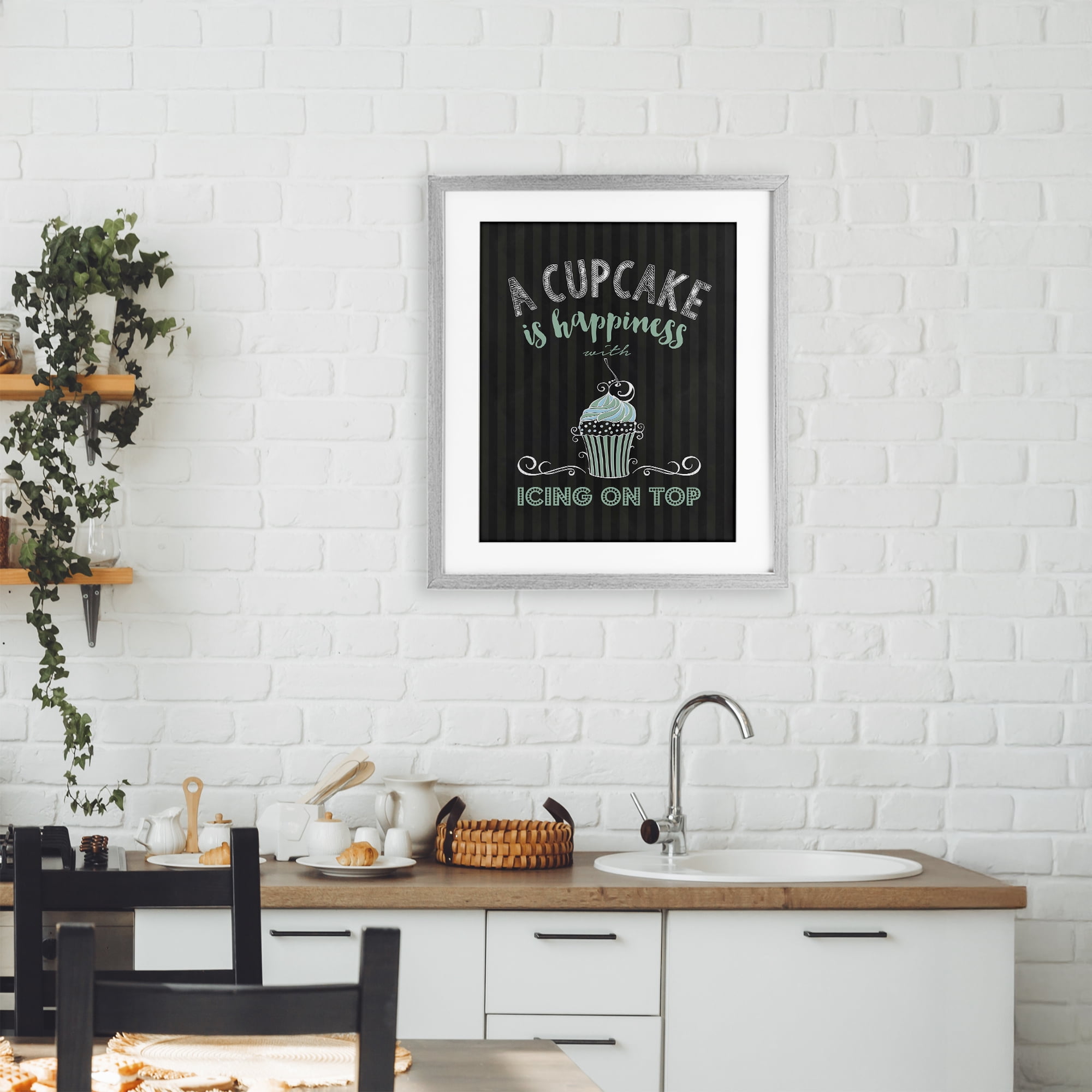 Cupcake Is Happiness with Icing Gray Framed Print Under Glass, design by Lettered and Lined