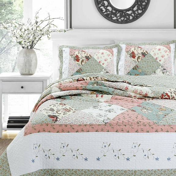 Cozy Line Home Floral Patchwork Cotton Reversible Queen Quilt Set, Blue, 3-Piece