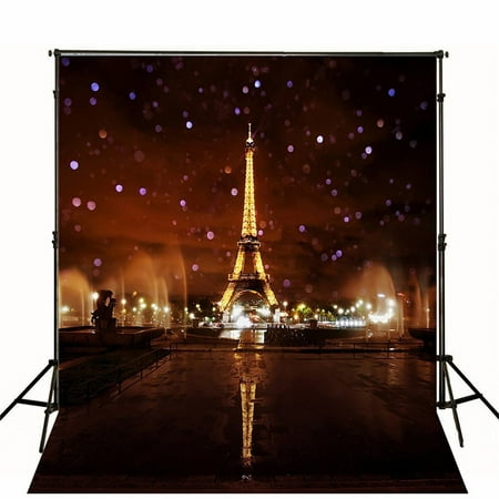 HelloDecor Polyester Fabric Photography Backdrop 5x7ft Paris Lighting Eiffel Tower Glitter Night Outdoor Scenic Backdrops for Wedding Photo Booth