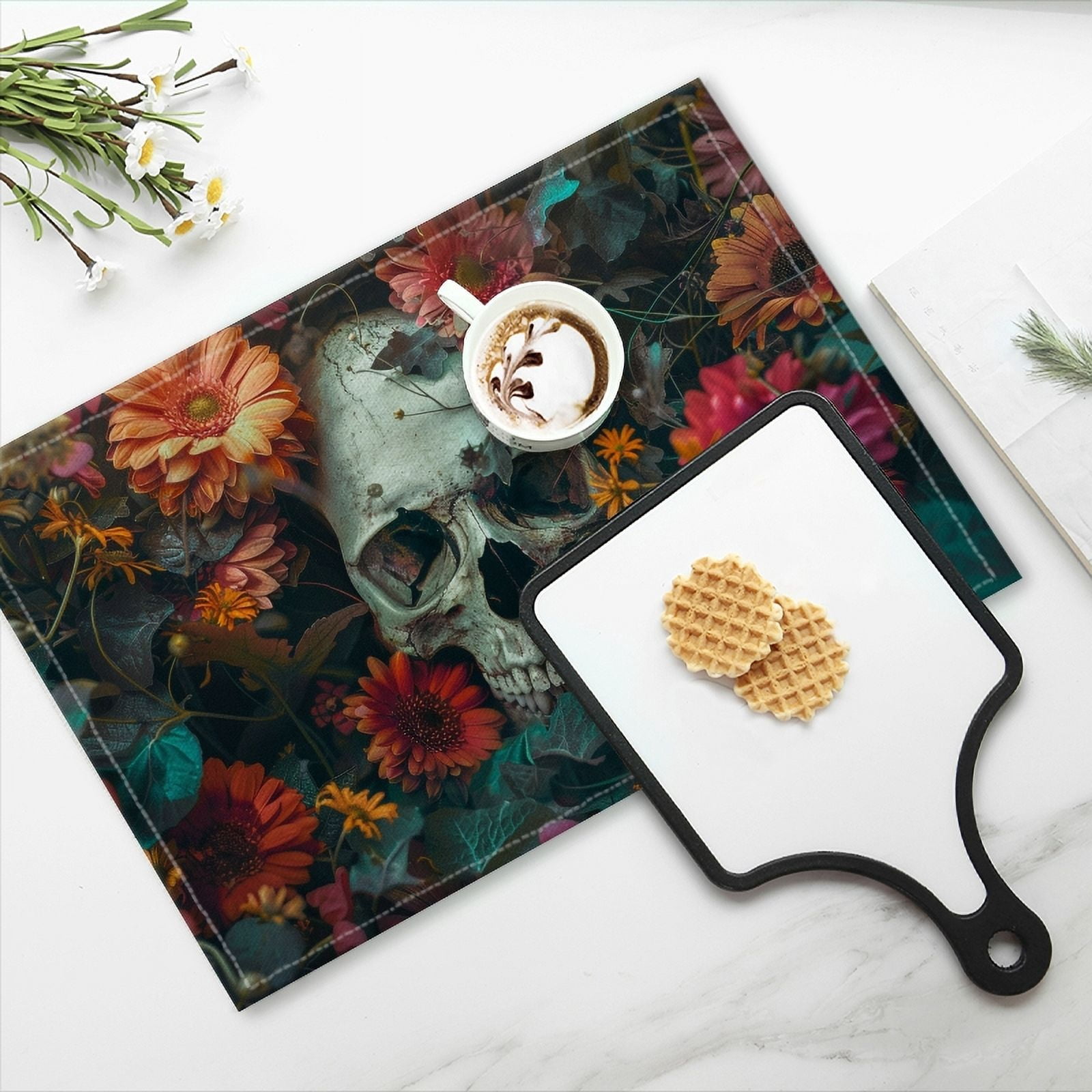 BaHomeck placemats Set of 4 Skull Surrounded By Vibrant Flowers Creating Eerie Yet Cotton Linen rectangle Placemats for Kitchen Dining Table Indoor,Outdoor,18*12inch