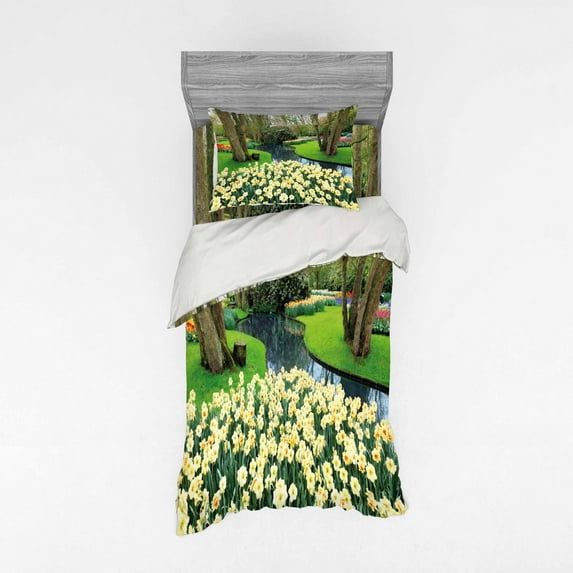 Ambesonne Spring Bedding Set 3 Pcs, Flower Garden Grass Park, Twin XL, Green and Brown