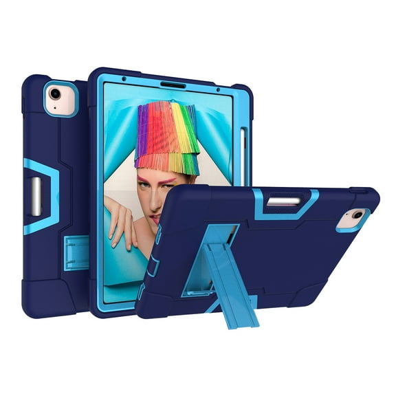 Allytech iPad Air 5 Case 2022, iPad Air 4 Case 2020, Heavy Duty Protection Shockproof Build In Kickstand Pencil Holder Kids Friendly Case for Apple iPad Air 5th 4th Generation, BlackNavyblue/Blue