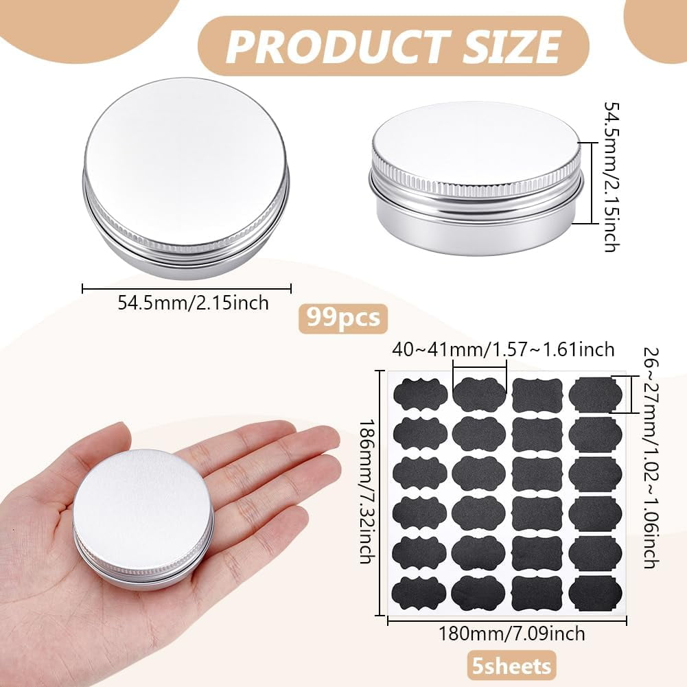 99Pcs Round Tin Cans 1 oz/30ml Aluminum Containers with Screw Lid Small Tins with 5 Sheets Paper Label Travel Cosmetic Containers