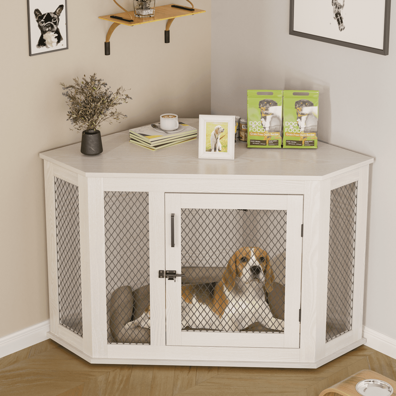 Bossin 44"Corner Dog Crate Furniture，Wooden Dog Kennel Indoor Furniture，Decorative Dog Crate, Dog Kennel TV Stand End Table for Small to Large Dogs